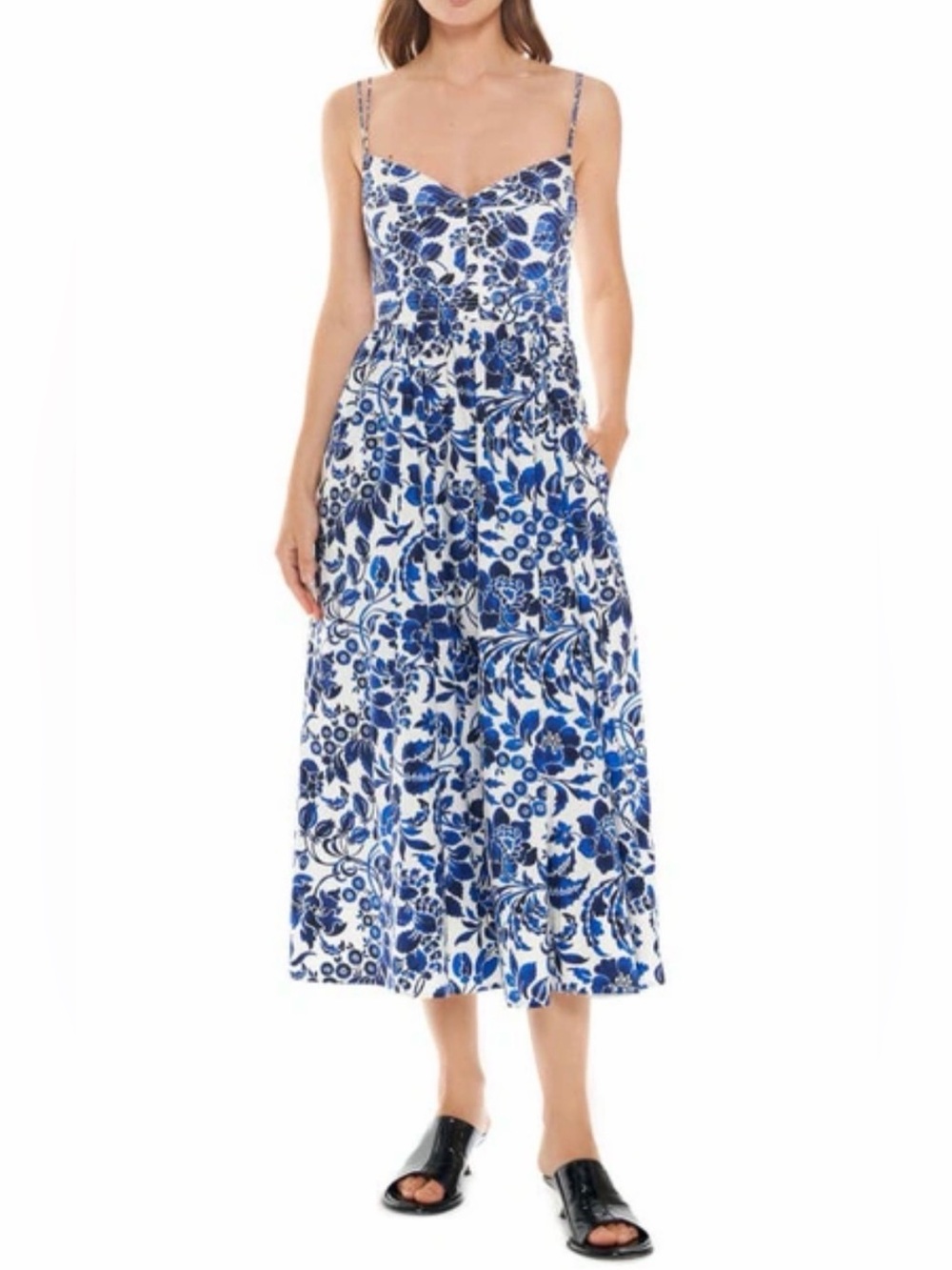 NWT La Ligne Tracy Blue Floral Cotton Midi Dress Size 2X Pockets